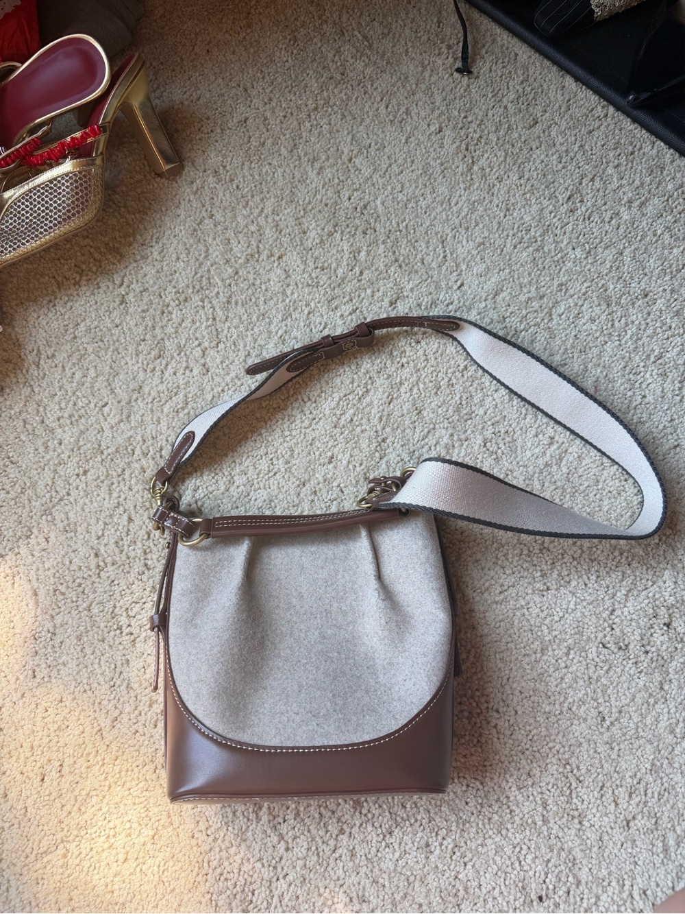 Zara Cream Canvas and Brown Leather Shoulder Bag